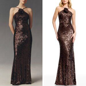 NWT Dress The Population Neomi Rosette Maxi Dress Gown Mocha Cocktail Party